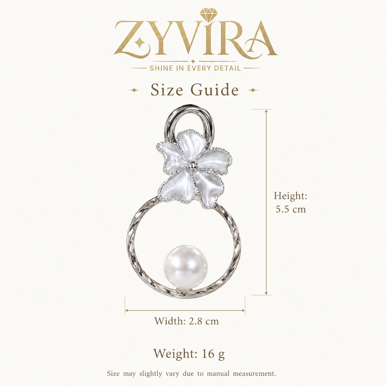 Size guide showing the proportions of silver floral pearl hoops