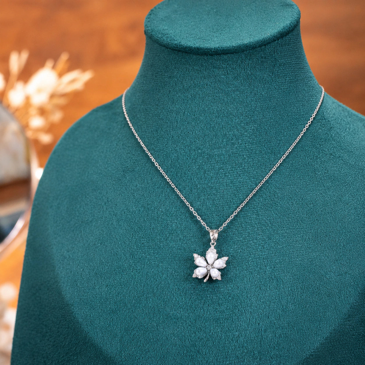 Alternate product view of the silver pearl floral necklace