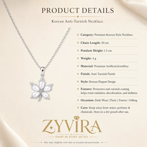 Product details card for the silver pearl floral necklace