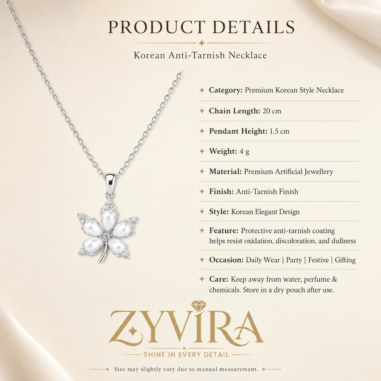Product details card for the silver pearl floral necklace