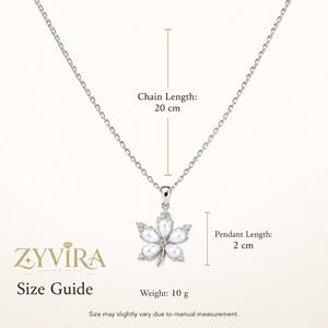 Size guide showing the proportions of the silver floral necklace