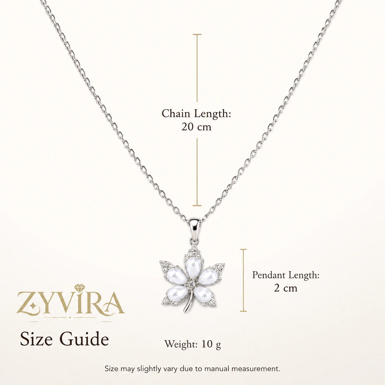 Size guide showing the proportions of the silver floral necklace