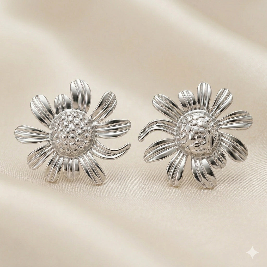 Product details card for silver ribbed daisy stud earrings