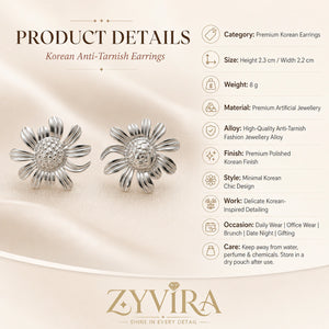 Size guide showing the proportions of silver daisy studs