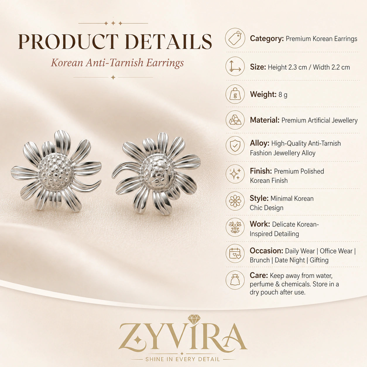 Size guide showing the proportions of silver daisy studs