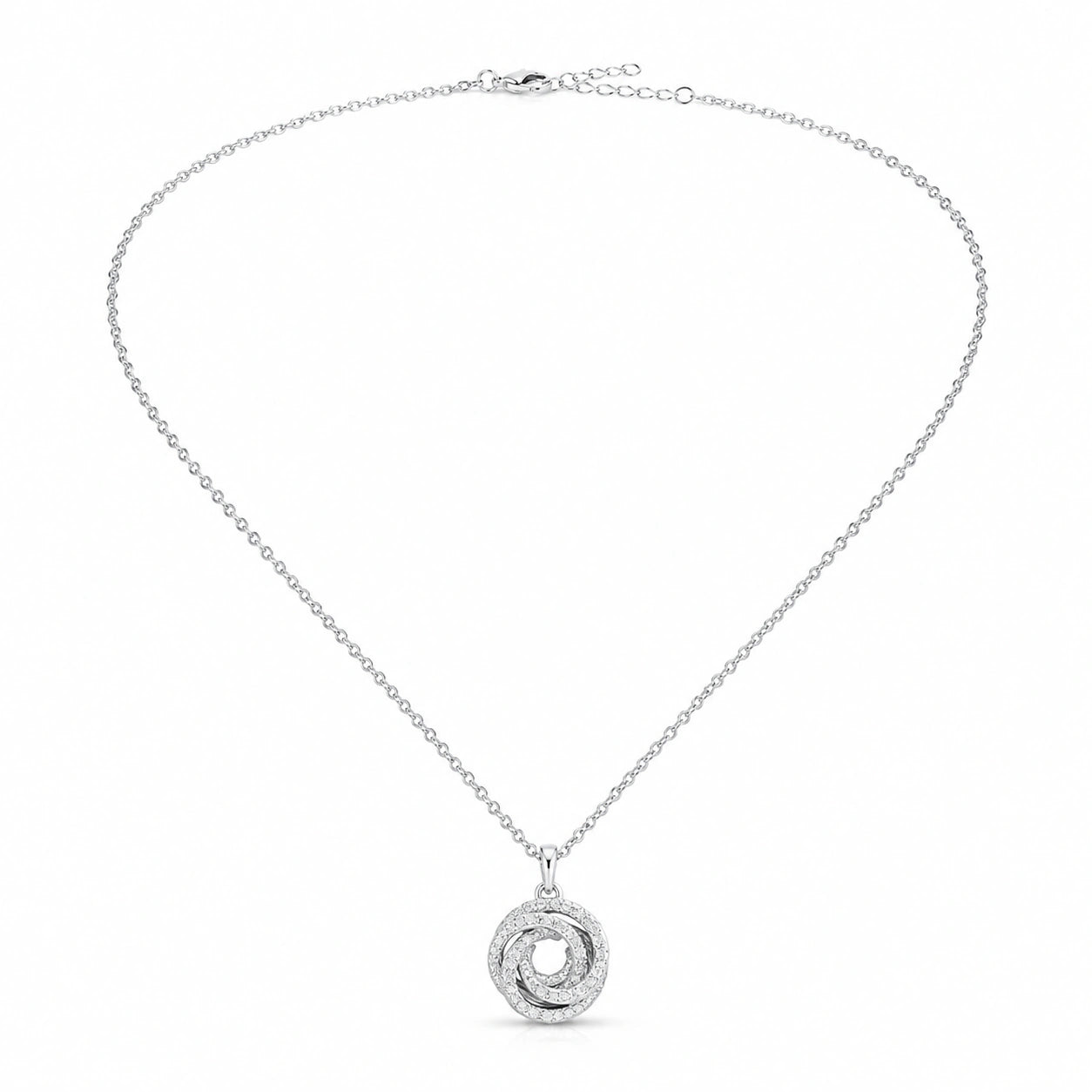 Angled view of the silver spiral bloom pendant necklace