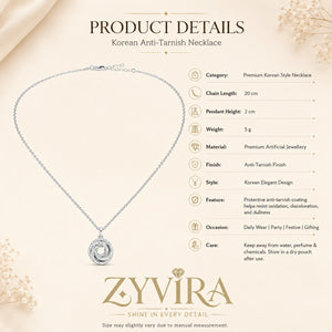 Product details card for the silver spiral bloom pendant necklace