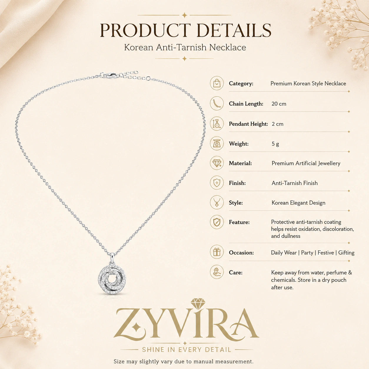 Product details card for the silver spiral bloom pendant necklace