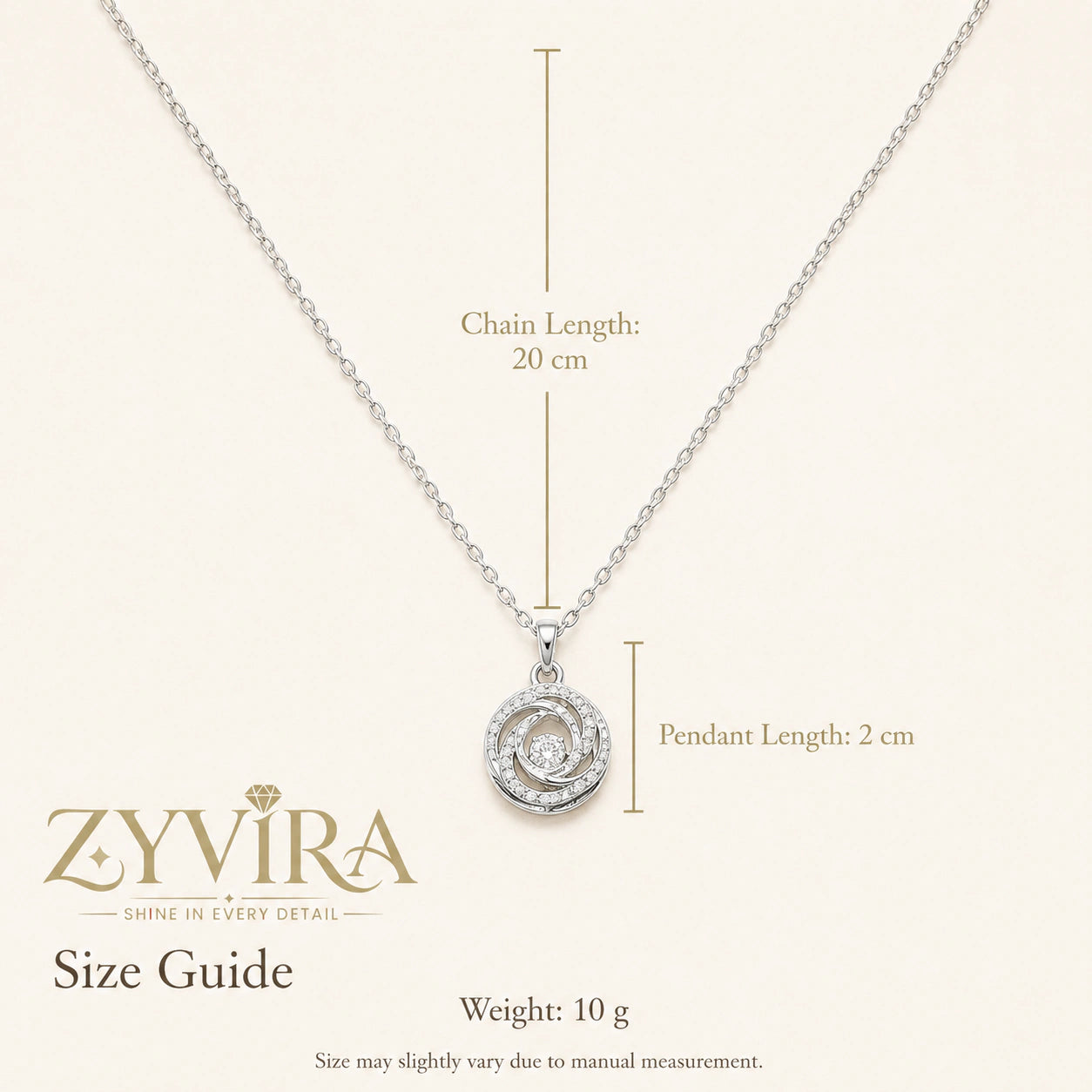 Size guide showing the proportions of the spiral bloom necklace
