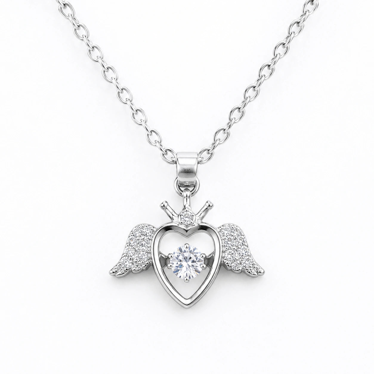 Korean-style silver winged heart pendant necklace