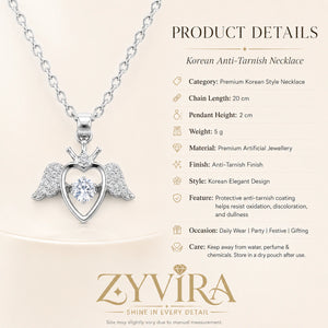 Product details card for the silver winged heart pendant necklace