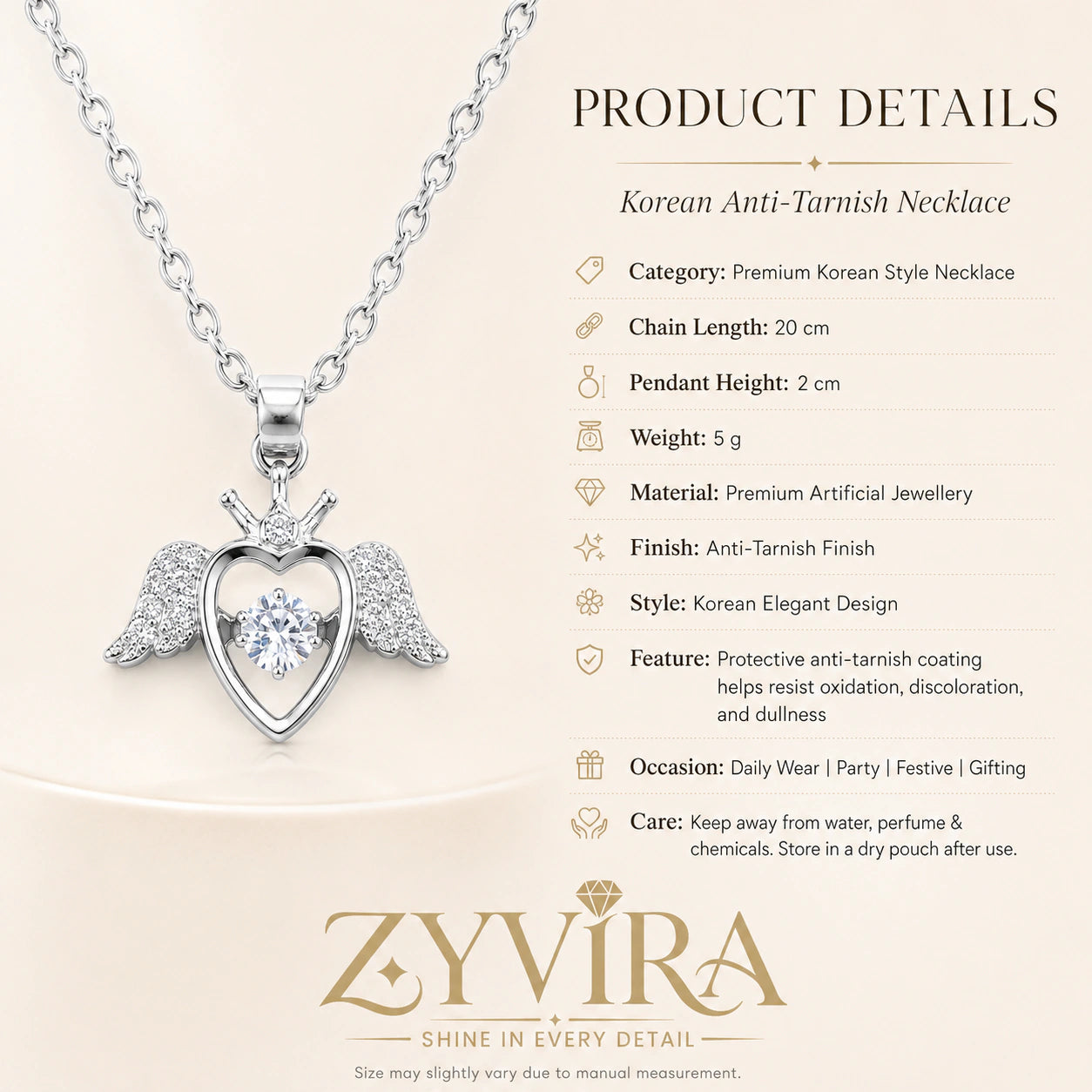 Product details card for the silver winged heart pendant necklace
