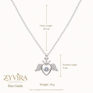 Size guide showing the proportions of the winged heart necklace