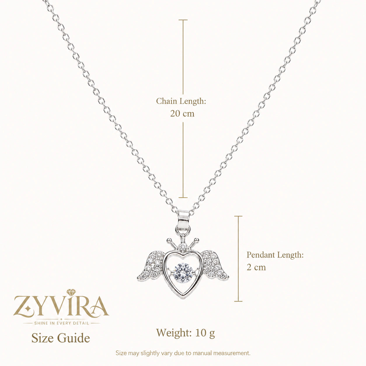 Size guide showing the proportions of the winged heart necklace