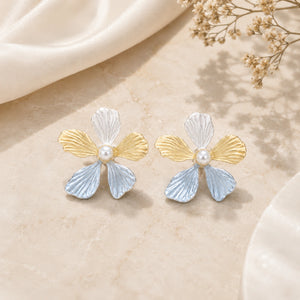 Alternate product view of sky blue floral pearl earrings