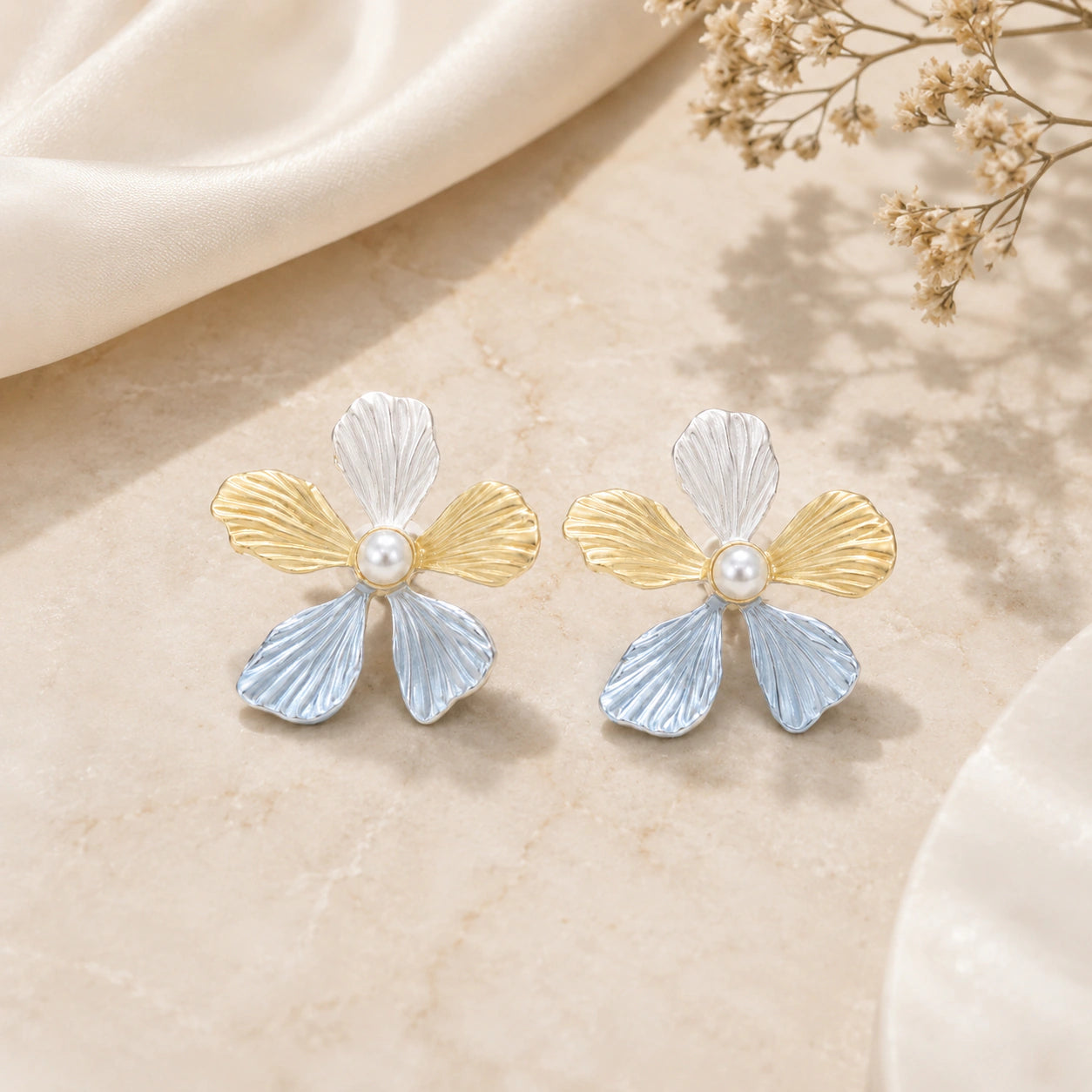 Alternate product view of sky blue floral pearl earrings