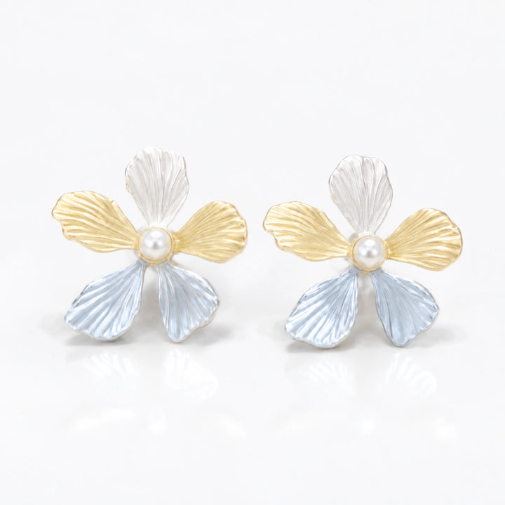 Western sky blue floral pearl drop earrings