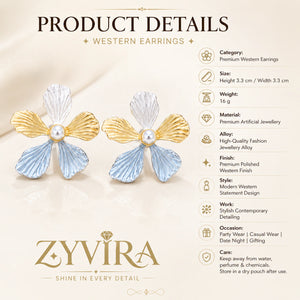 Product details card for sky blue floral pearl drop earrings