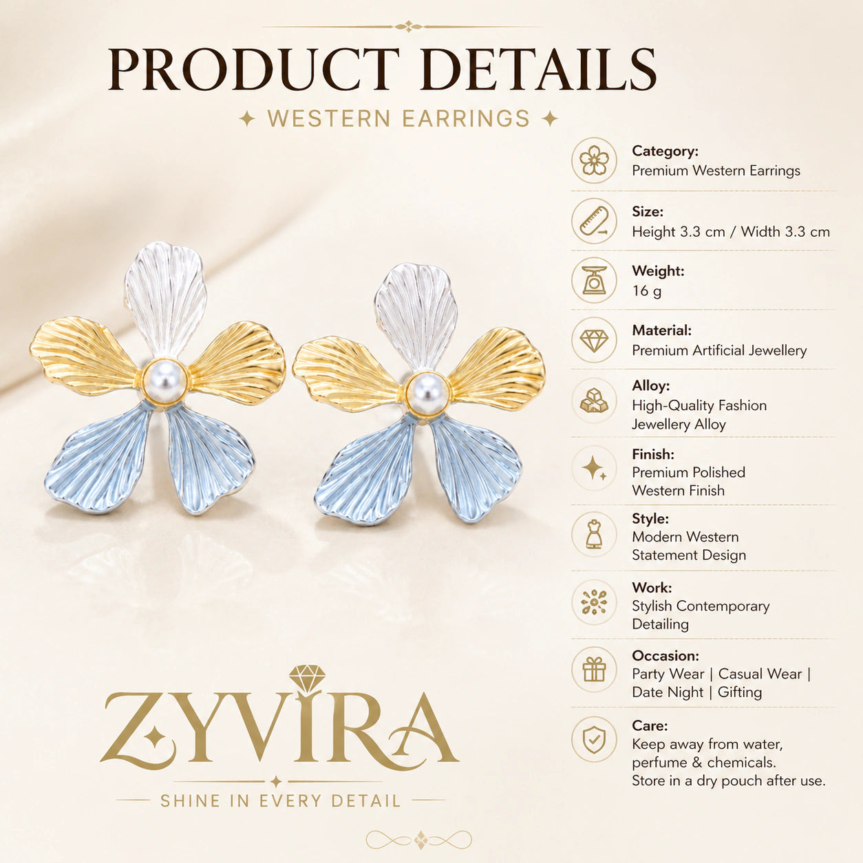 Product details card for sky blue floral pearl drop earrings
