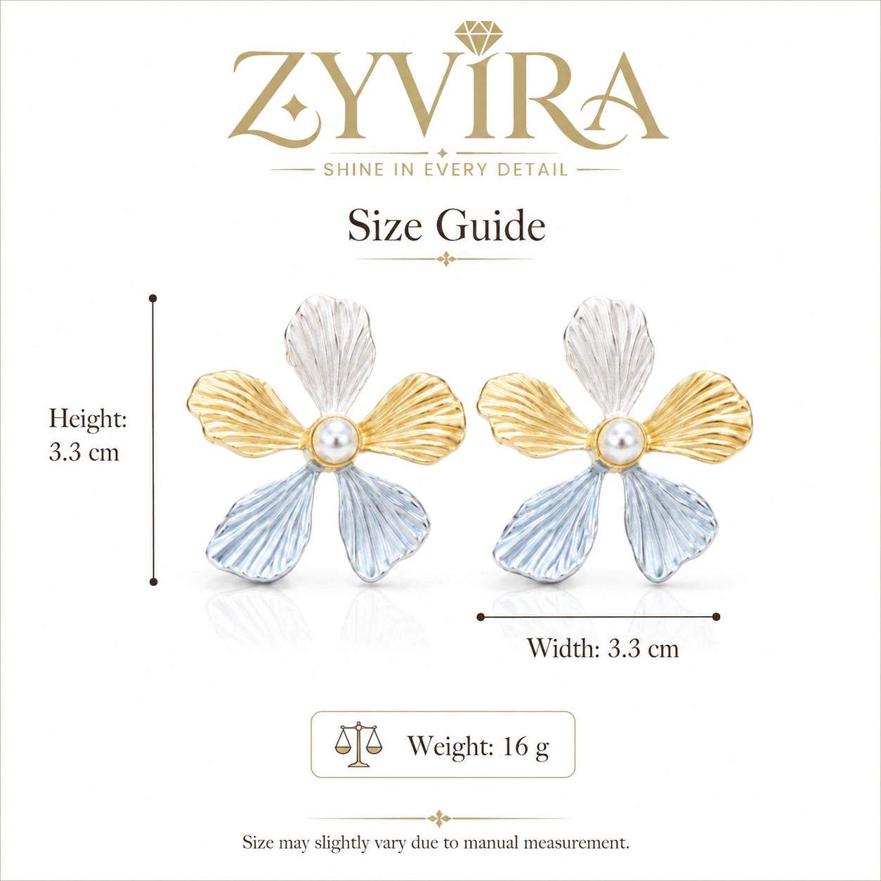 Size guide showing the proportions of sky blue floral earrings