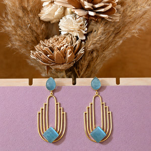 Alternate product view of sky blue gold chandelier earrings