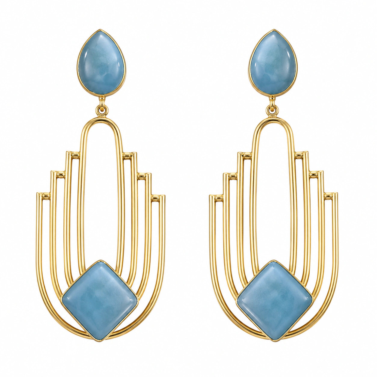 Close-up of sky blue geometric panels and gold-tone detailing