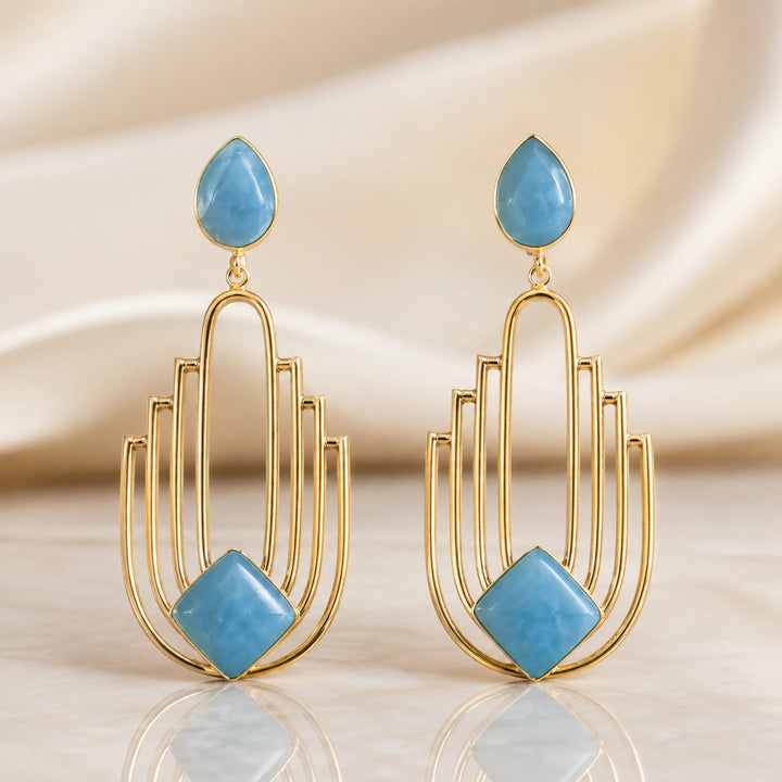 Western sky blue gold geometric chandelier earrings