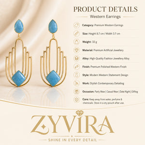 Product details card for sky blue gold geometric chandelier earrings