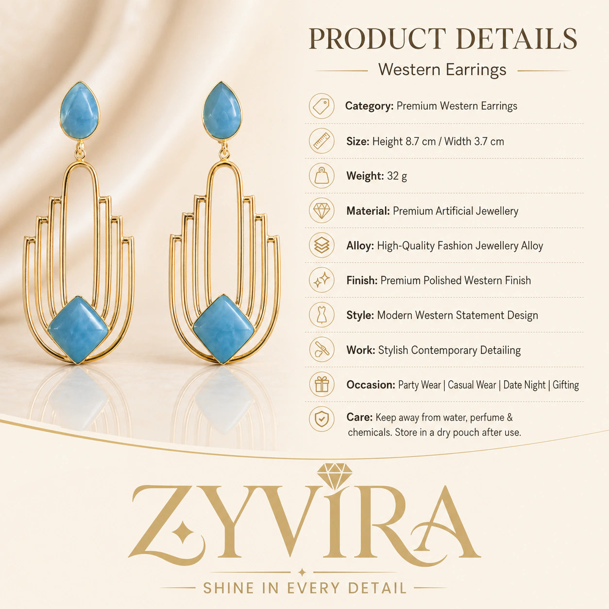 Product details card for sky blue gold geometric chandelier earrings