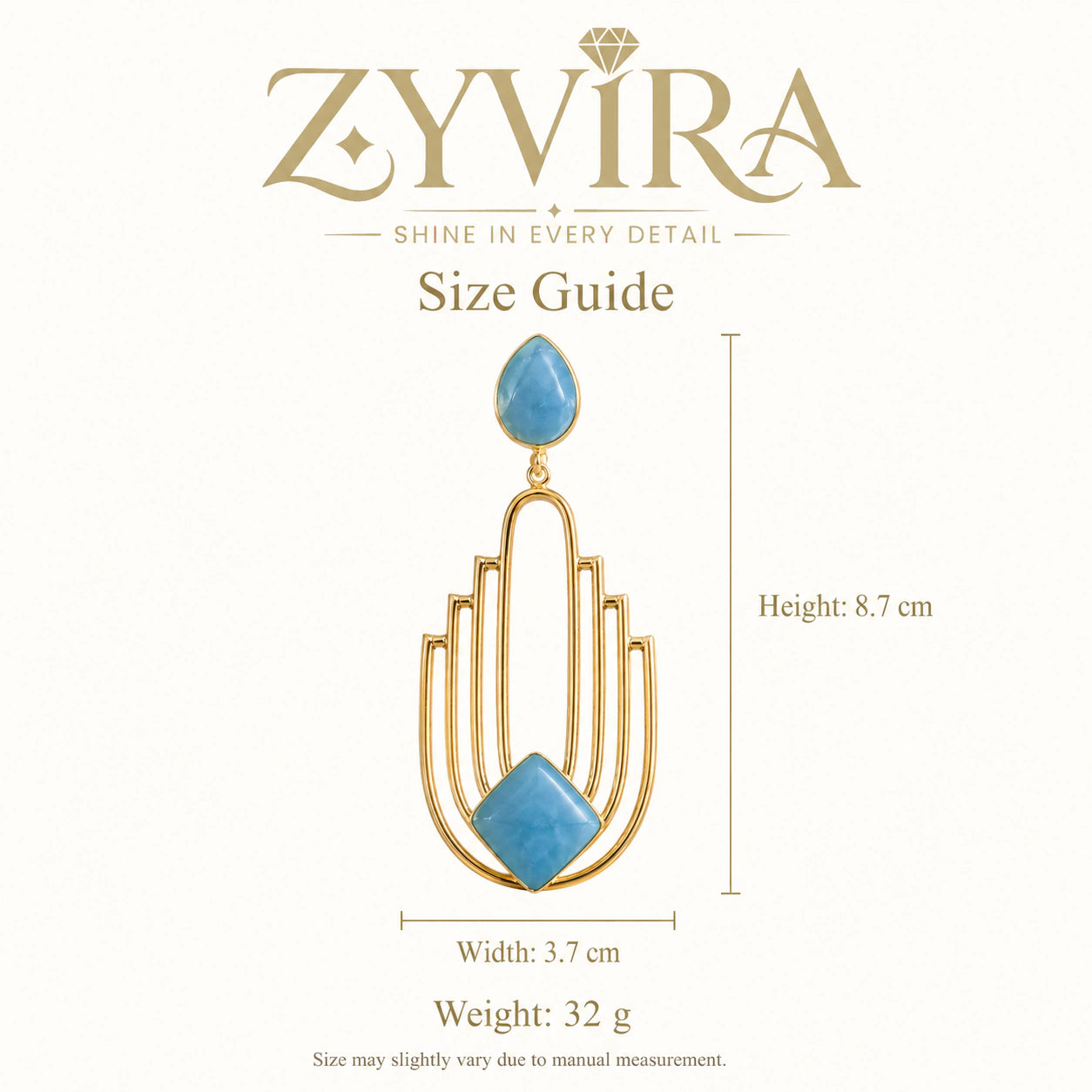 Size guide showing the proportions of sky blue chandelier earrings