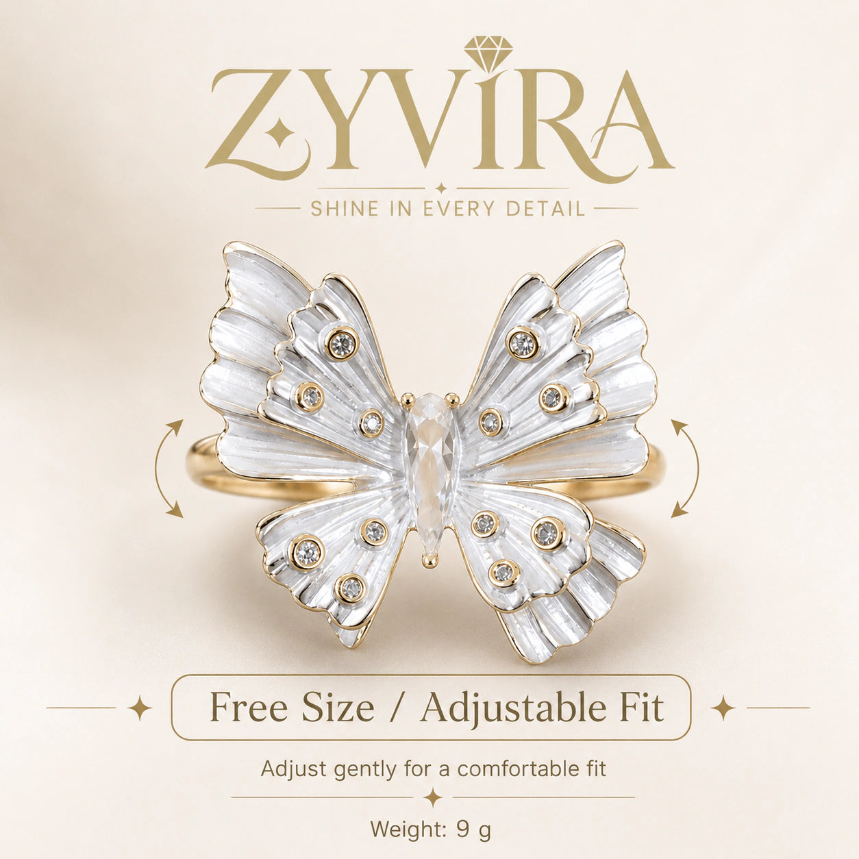 Open adjustable view of the two-tone butterfly ring