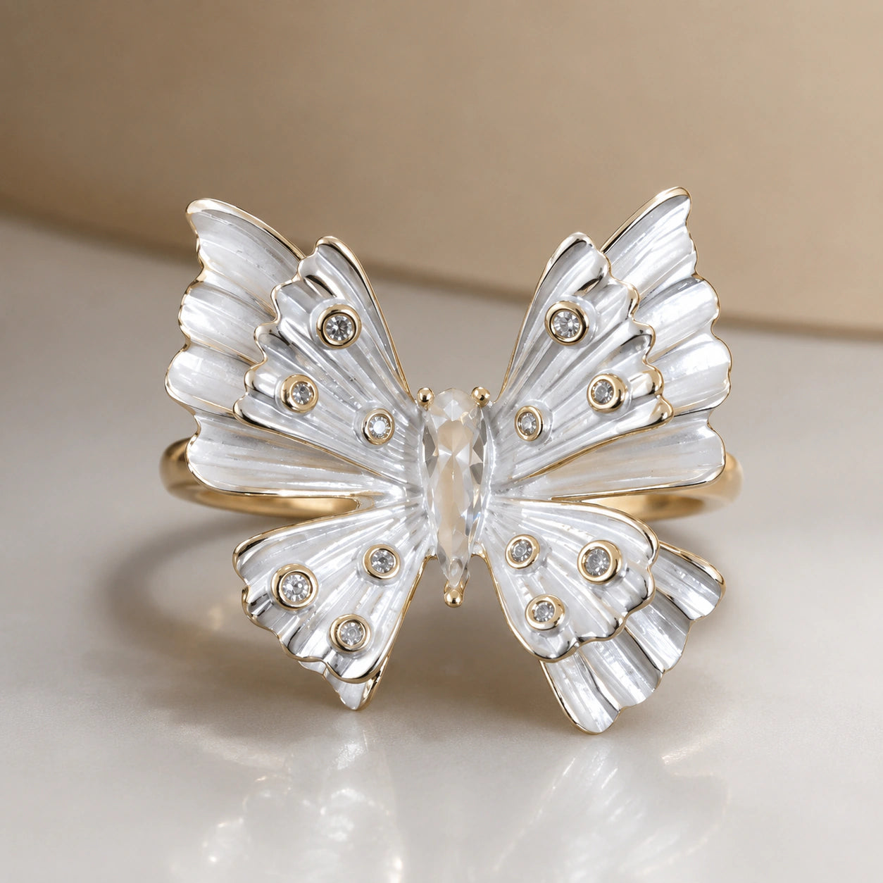 Two-tone crystal butterfly statement ring