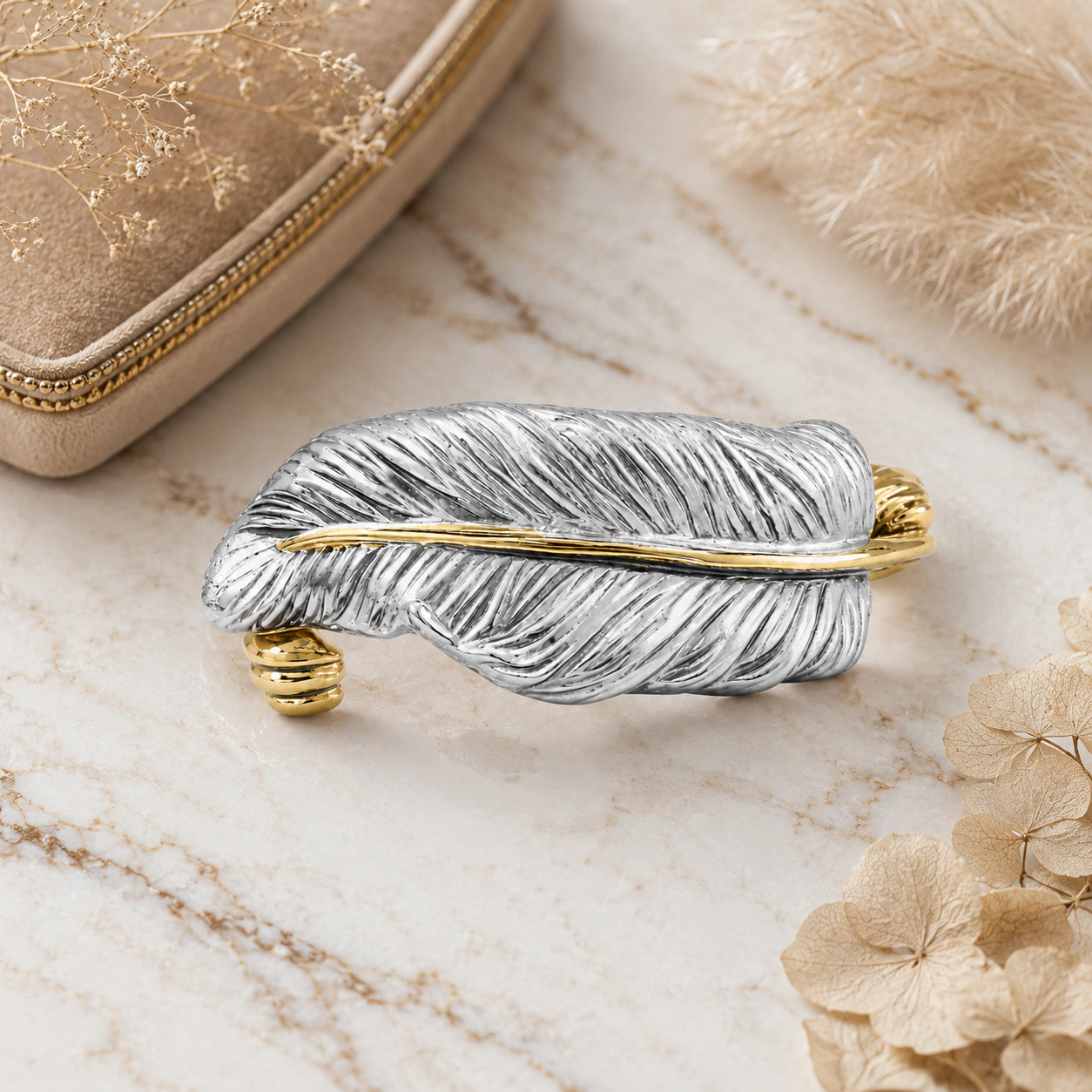 Alternate product view of the two-tone engraved feather kada