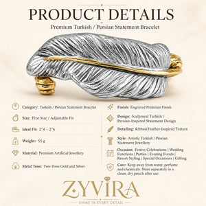 Two-tone engraved feather kada styled in an elegant jewellery flat lay