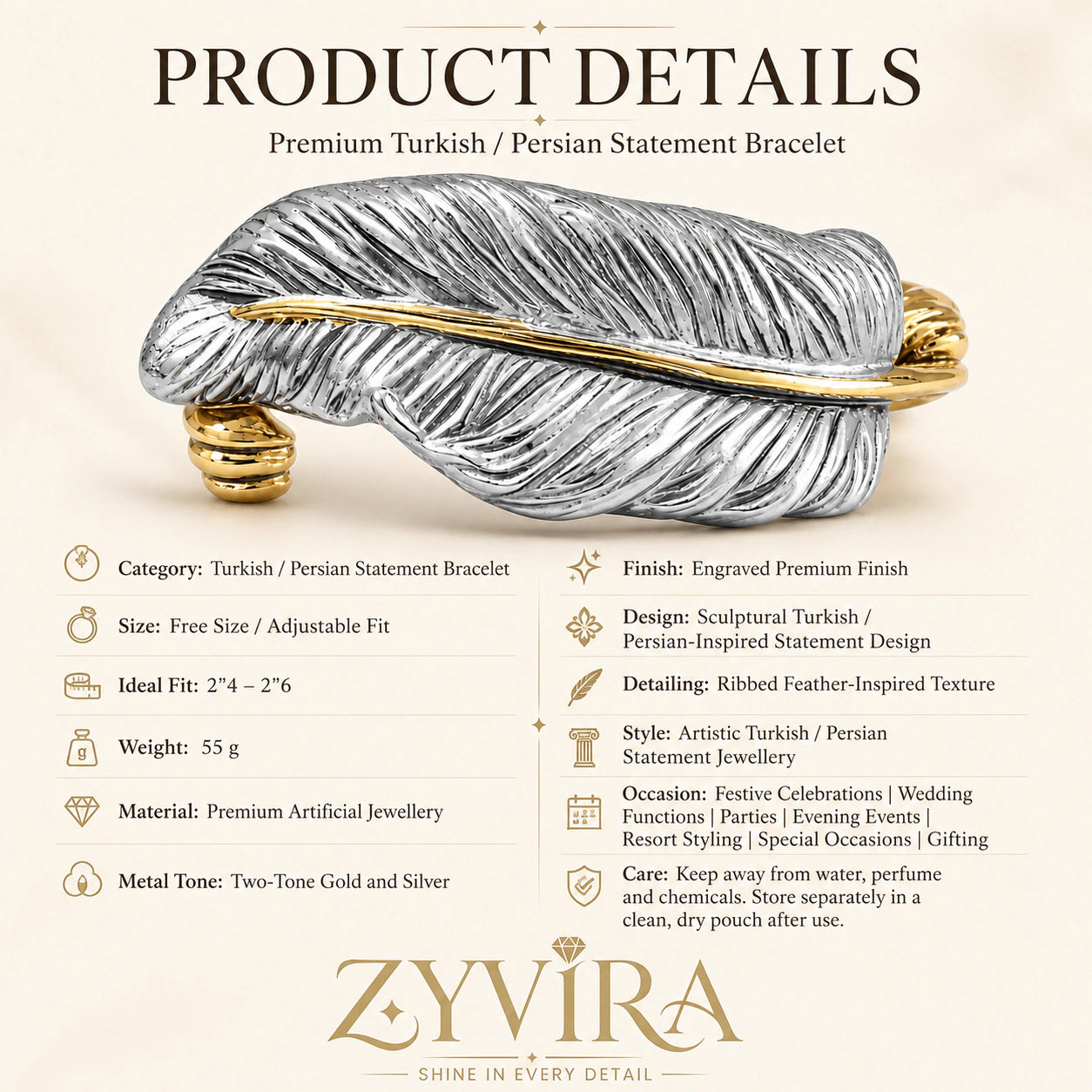 Two-tone engraved feather kada styled in an elegant jewellery flat lay