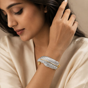 Two-tone engraved feather Turkish kada bracelet