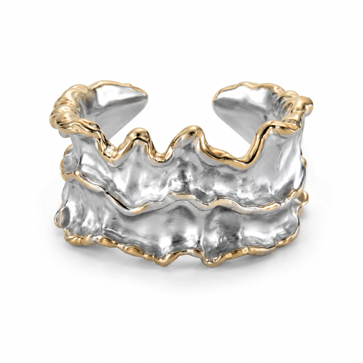 Close-up of the molten wave sculptural ring detailing