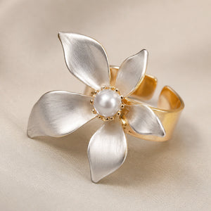 Alternate product view of the two-tone pearl floral ring