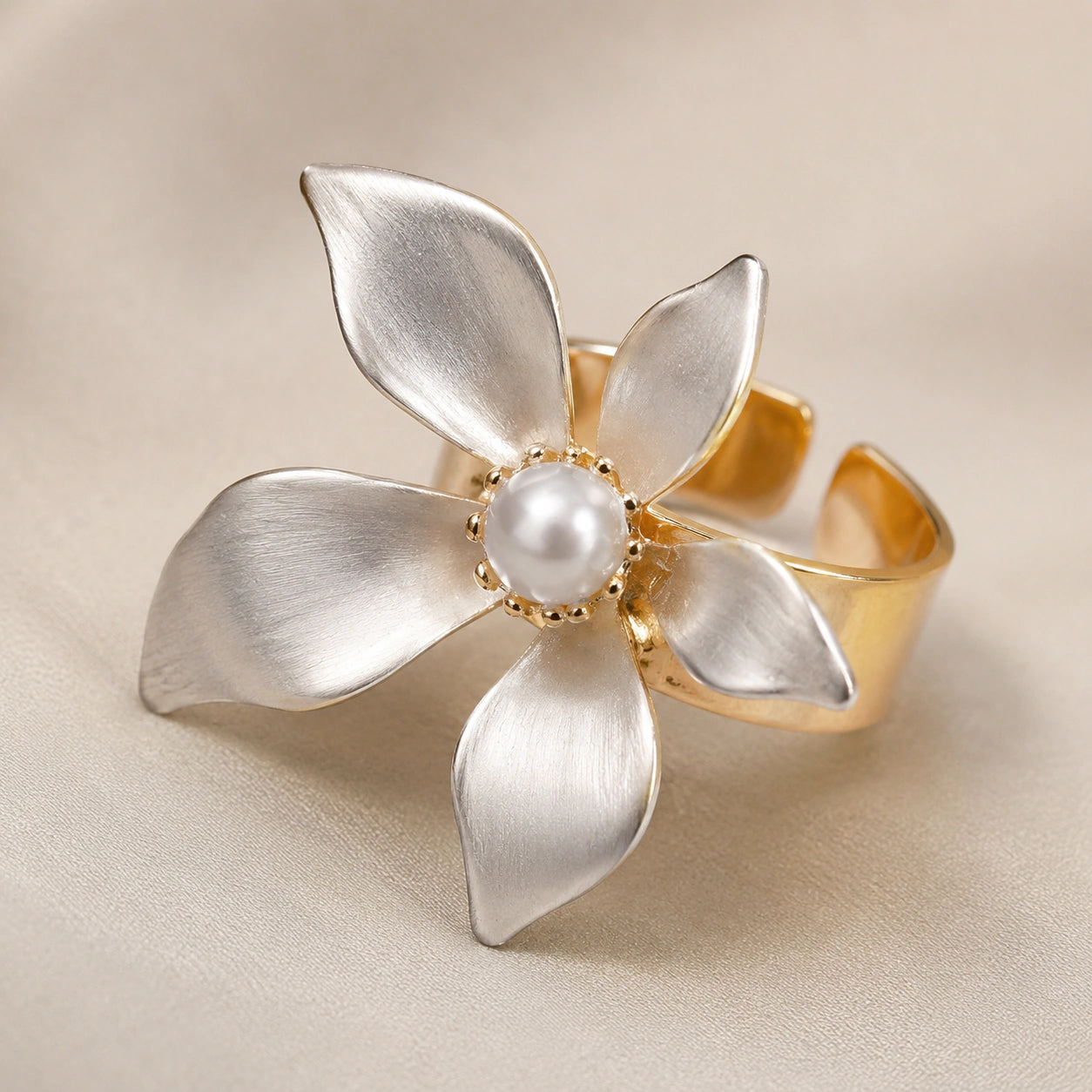 Alternate product view of the two-tone pearl floral ring