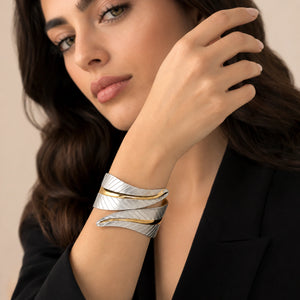 Two-tone engraved ribbon leaf sculptural kada bracelet