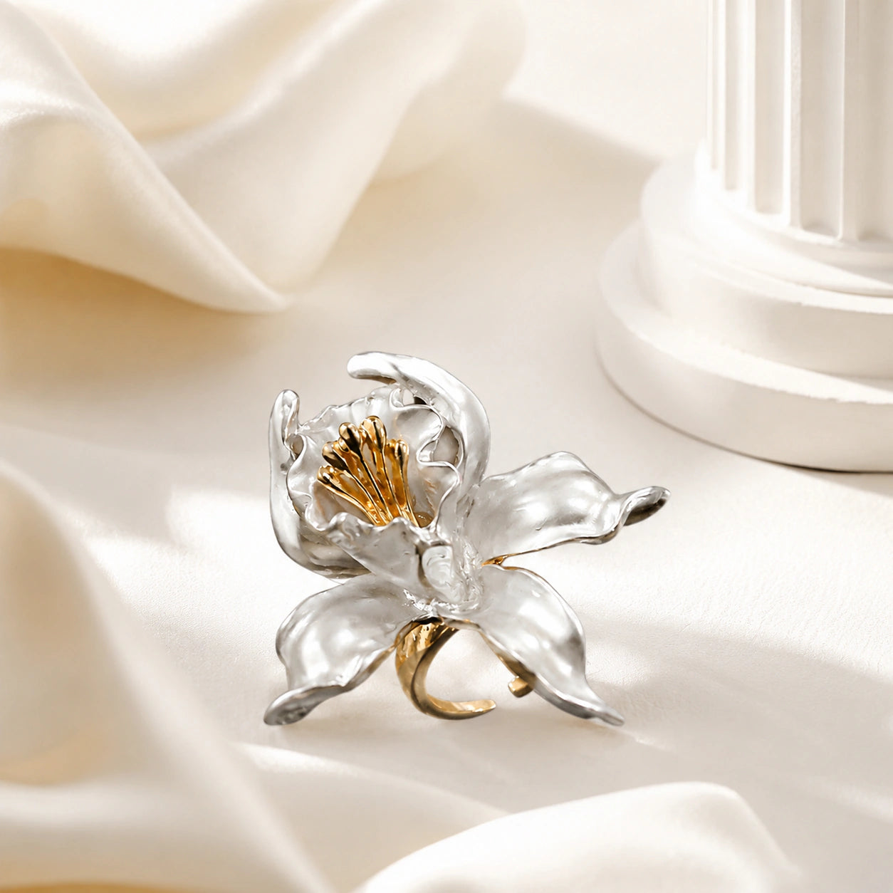 Alternate detail view of the two-tone floral ring