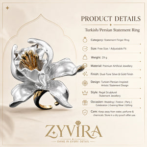 Two-tone floral ring styled in an elegant jewellery flat lay