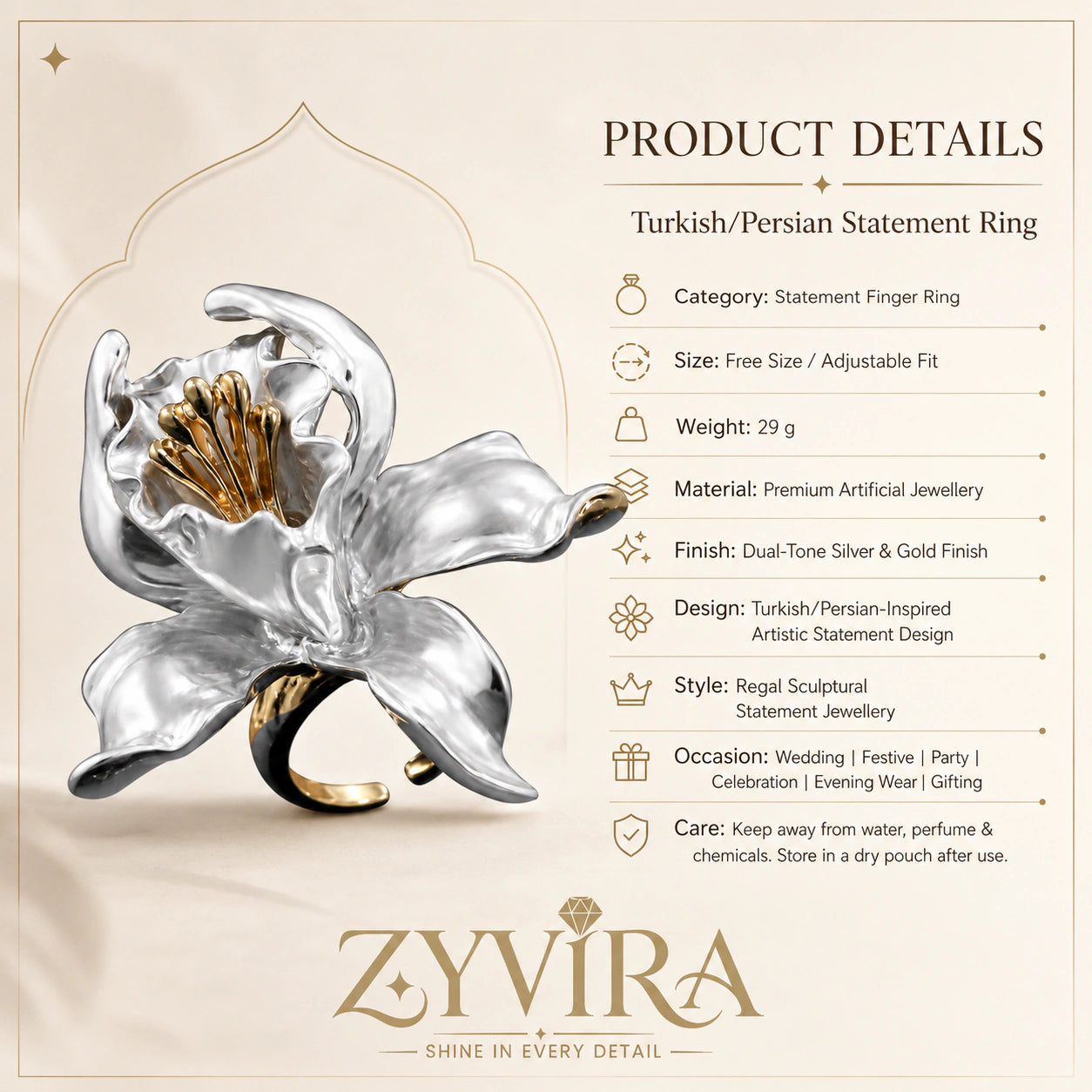 Two-tone floral ring styled in an elegant jewellery flat lay