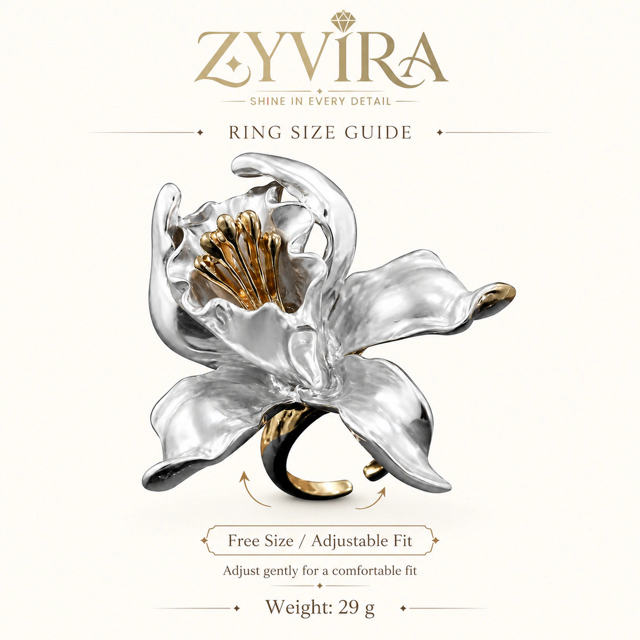 Open adjustable view of the two-tone floral ring