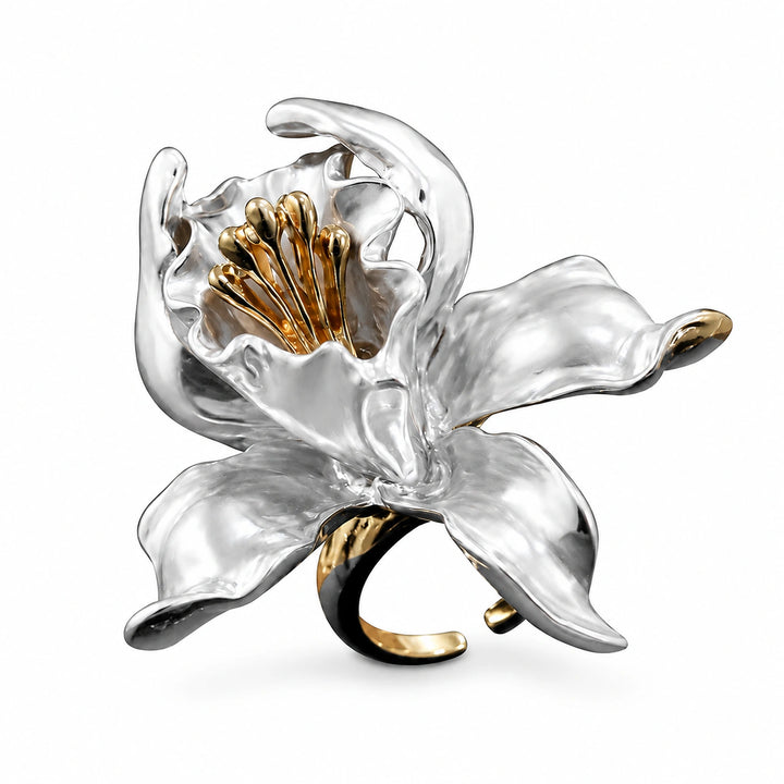 Two-tone sculptural floral statement ring