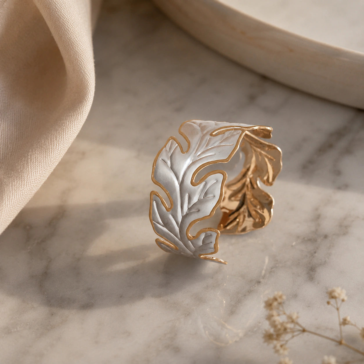 Alternate detail view of the sculptural leaf cutout kada