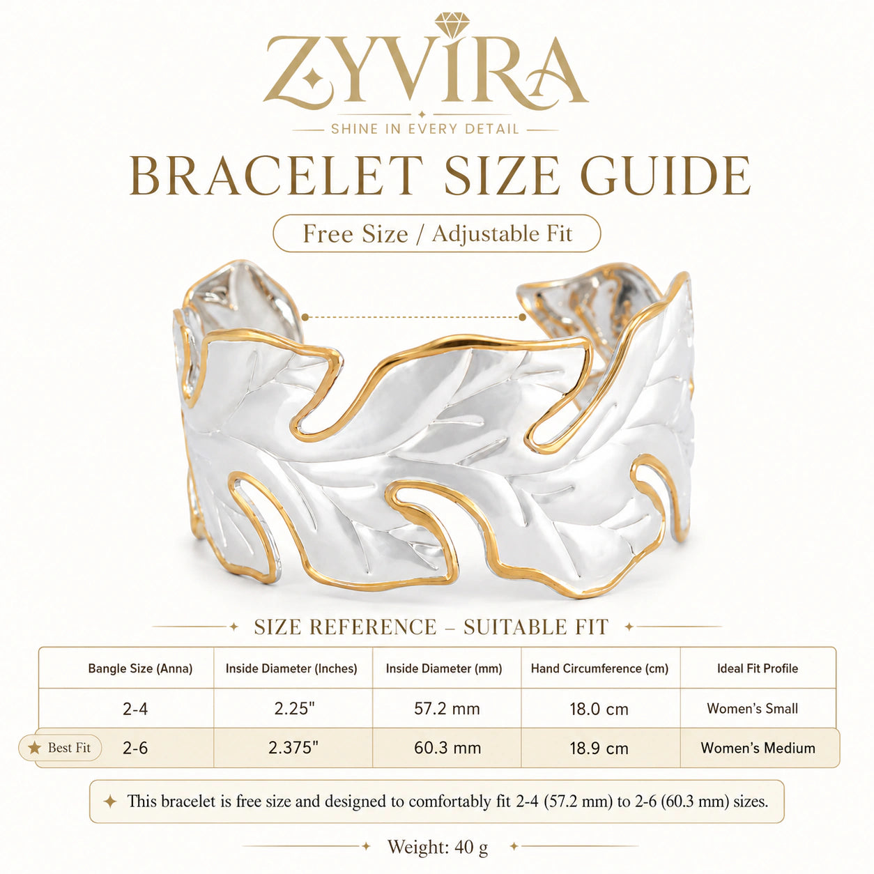 Two-tone sculptural leaf kada styled in an elegant jewellery flat lay