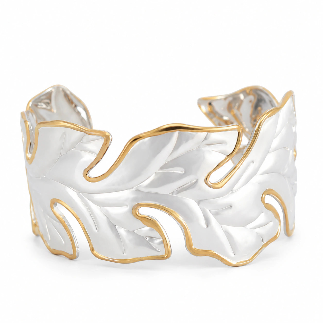 Side view of the two-tone sculptural leaf kada