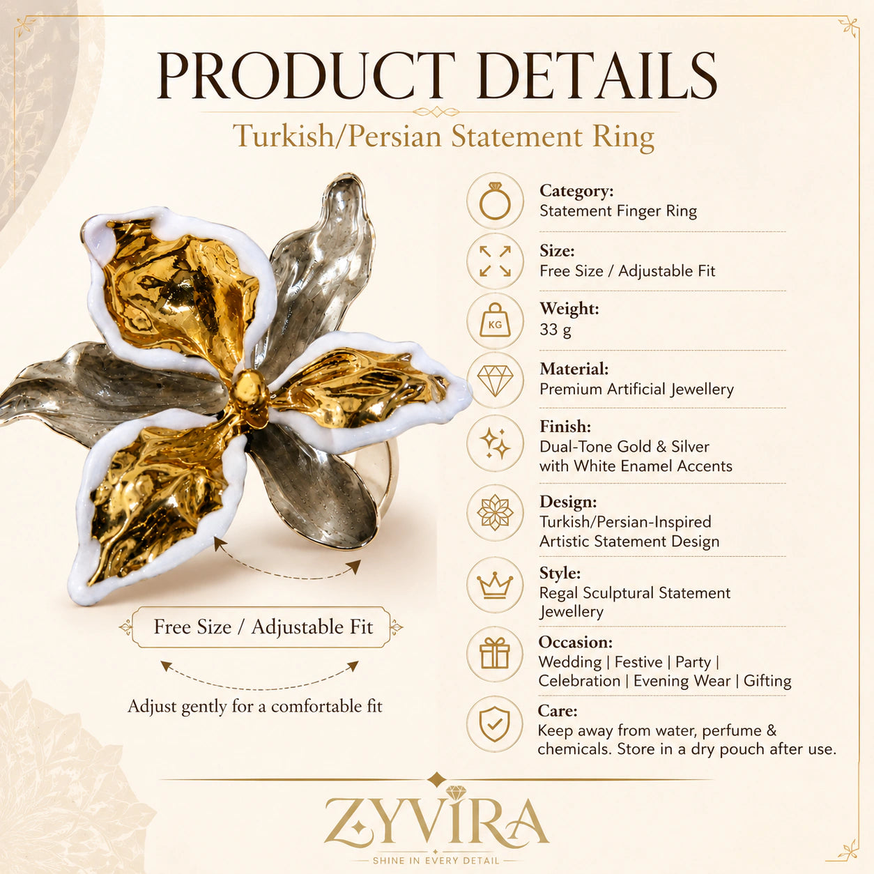 Open adjustable view of the two-tone sculptural floral ring